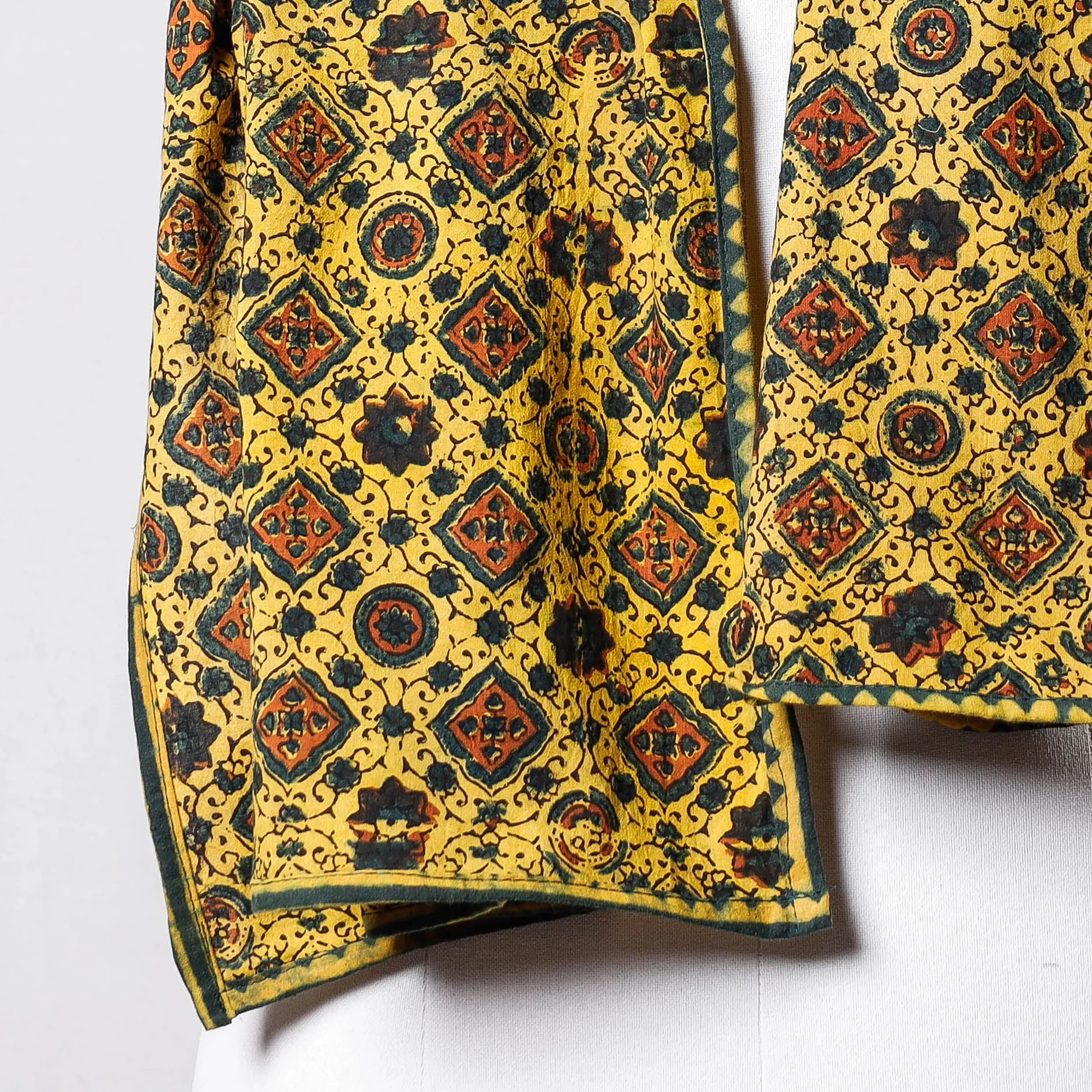 Yellow - Ajrakh Block printed Contrast Border Cotton Stole