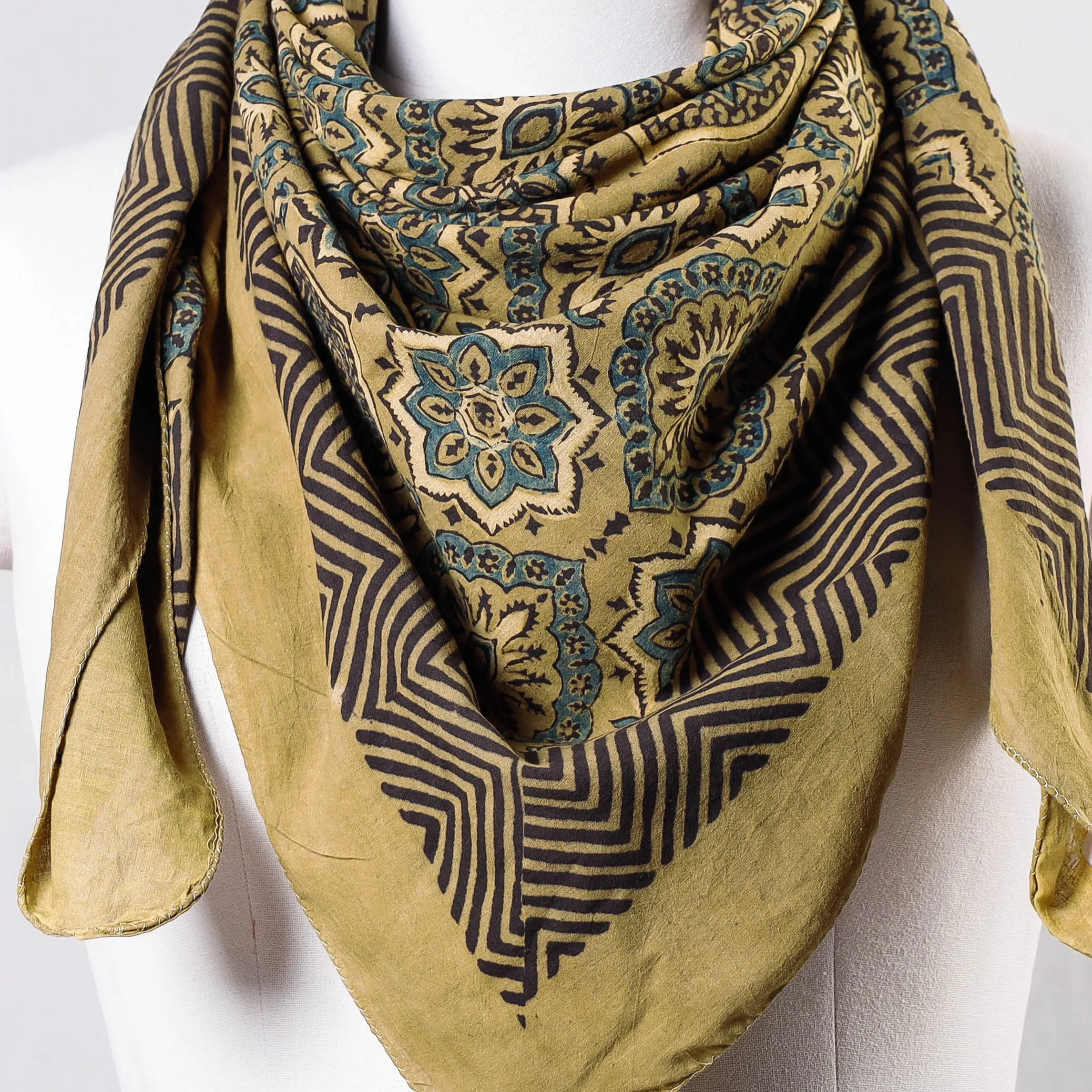 Yellow - Ajrakh Block Printing Cotton Scarf from Kutch