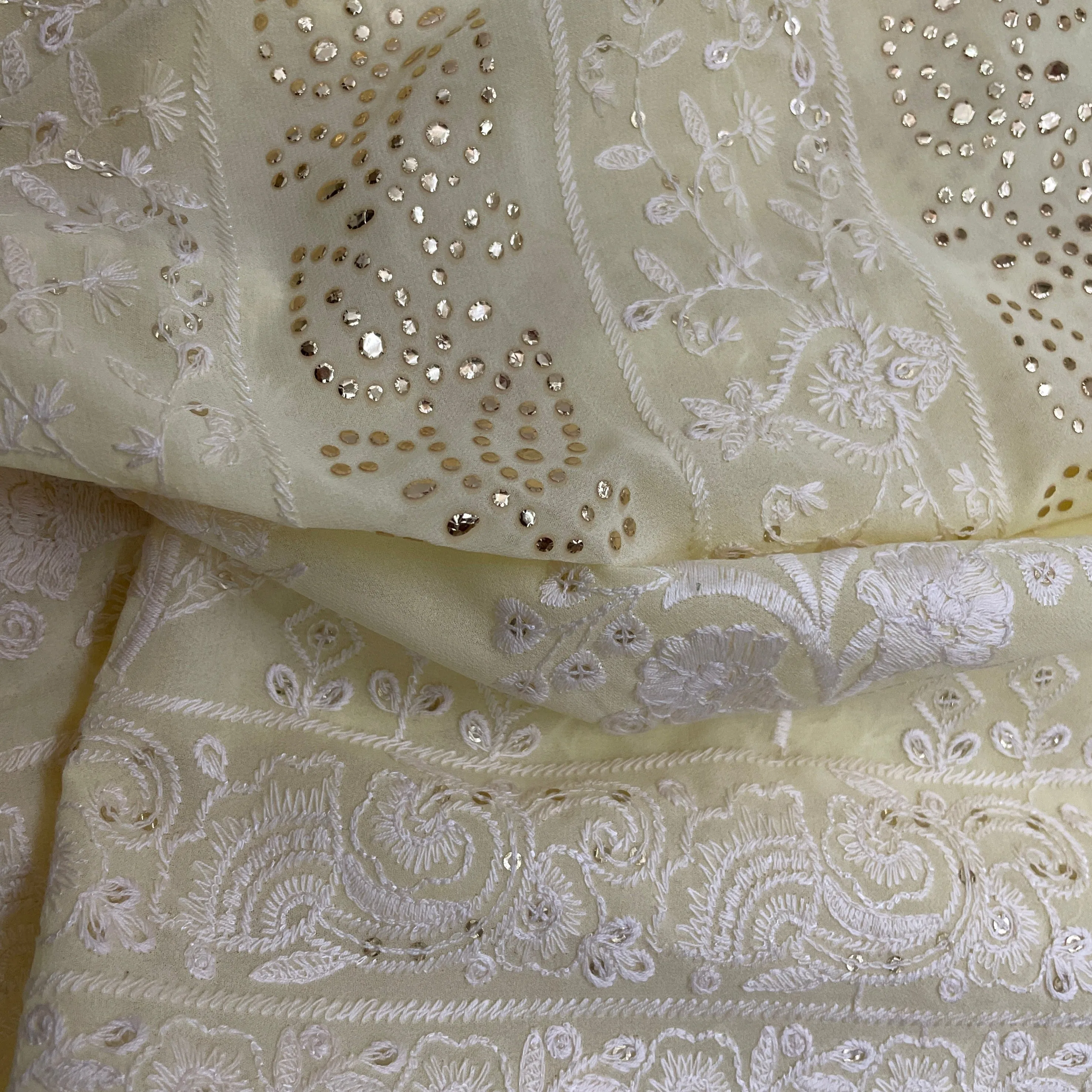 Yellow Floral Mukaish Thread Embrodiery Georgette Fabric