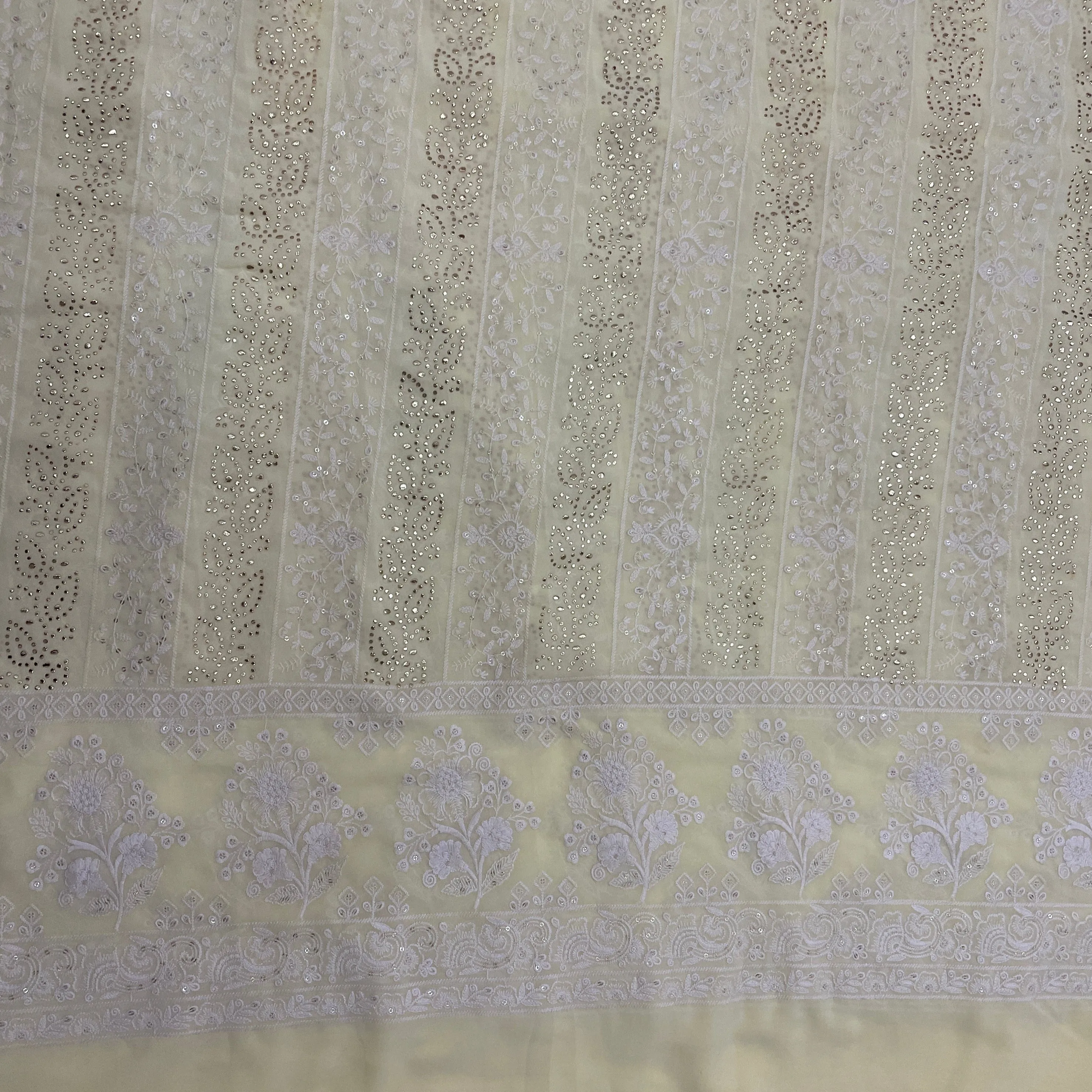 Yellow Floral Mukaish Thread Embrodiery Georgette Fabric