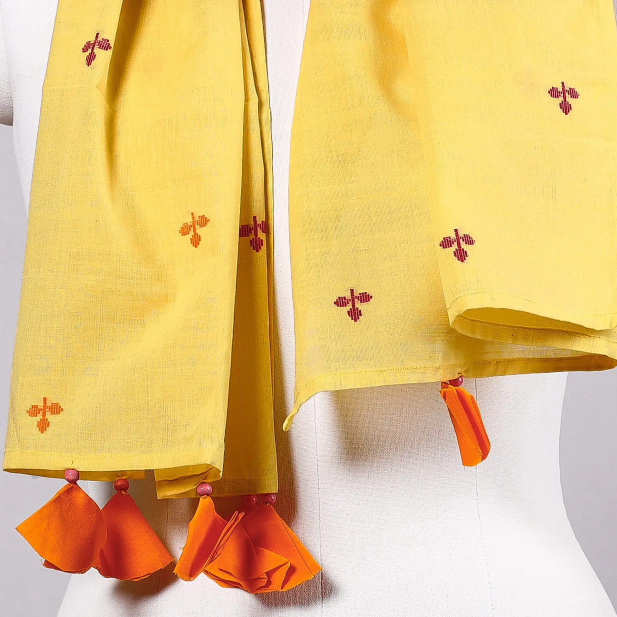 Yellow - Godavari Jamdani Buti Patchwork Cotton Stole with Tassels